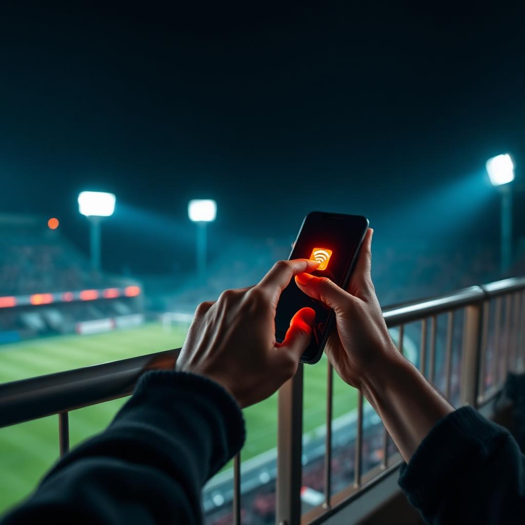 Kibic przykłada telefon do znacznika NFC na stadionie